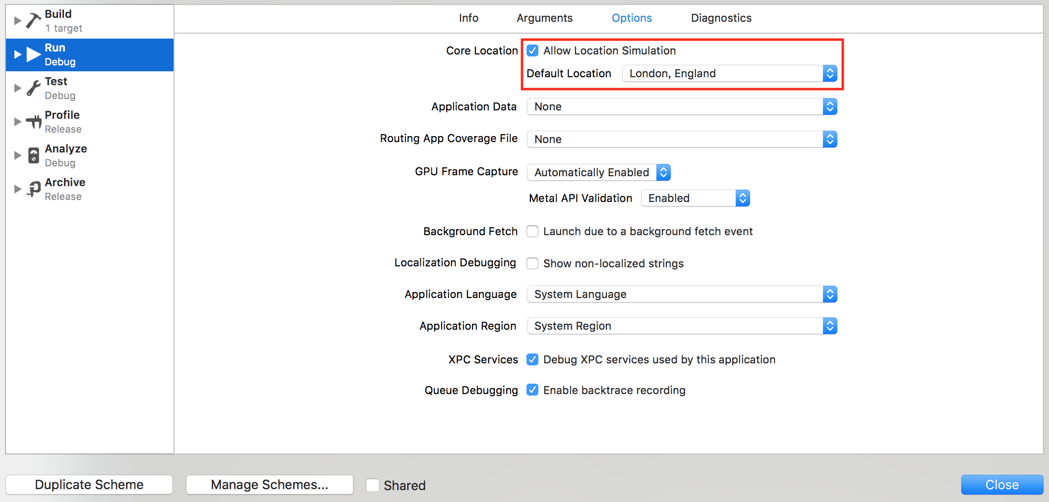 Simulate default GPS location